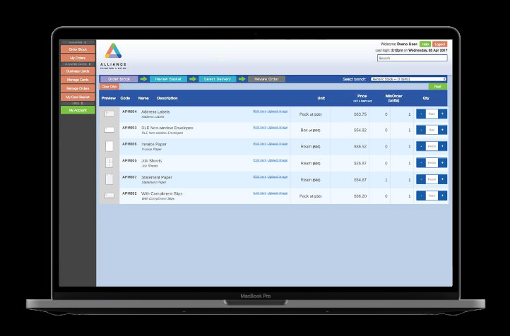 Alliance Ordering website laptop with online stock ordering website on the screen